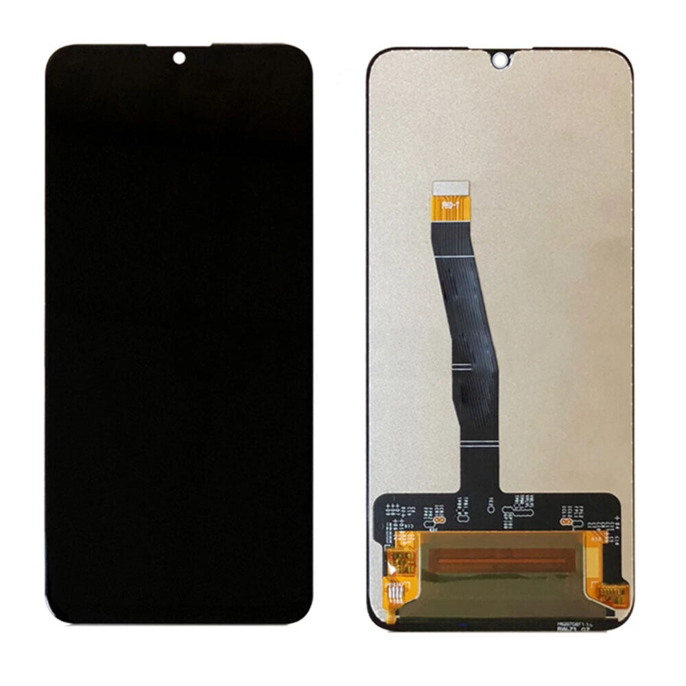 Front and back view of a Display Assembly for Huawei P Smart 2019 (Refurbished) by OG showing a black display and a ribbon cable connection.