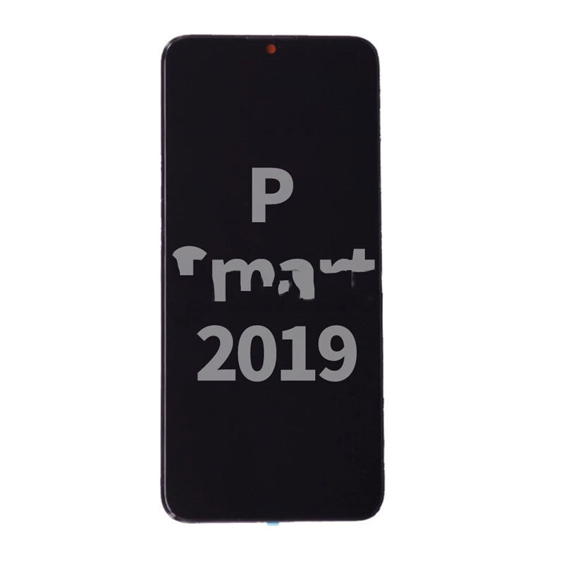 Front view of a smartphone screen displaying the text "Display Assembly With Frame For Huawei P Smart 2019 (Refurbished) (Black)," showcasing the OG display assembly for professional quality control.