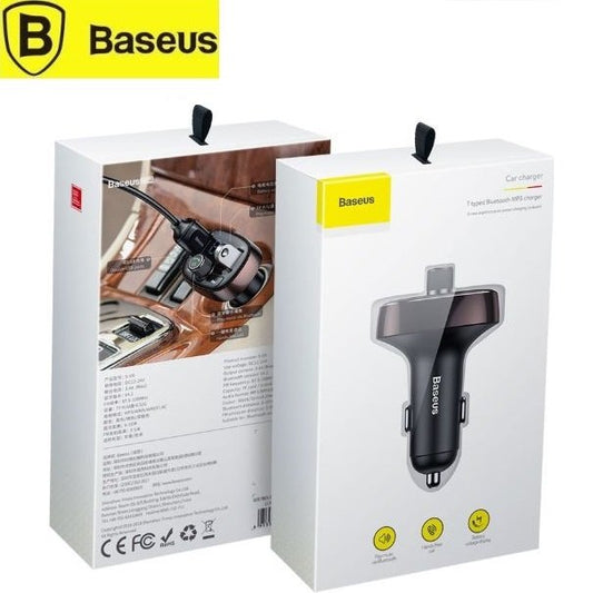 The Baseus Wireless Bluetooth FM Transmitter & MP3 Music Player packaging includes images and specifications. The box highlights a Dual USB Car Charger suitable for various devices, including an MP3 music player, and displays certification logos at the bottom.