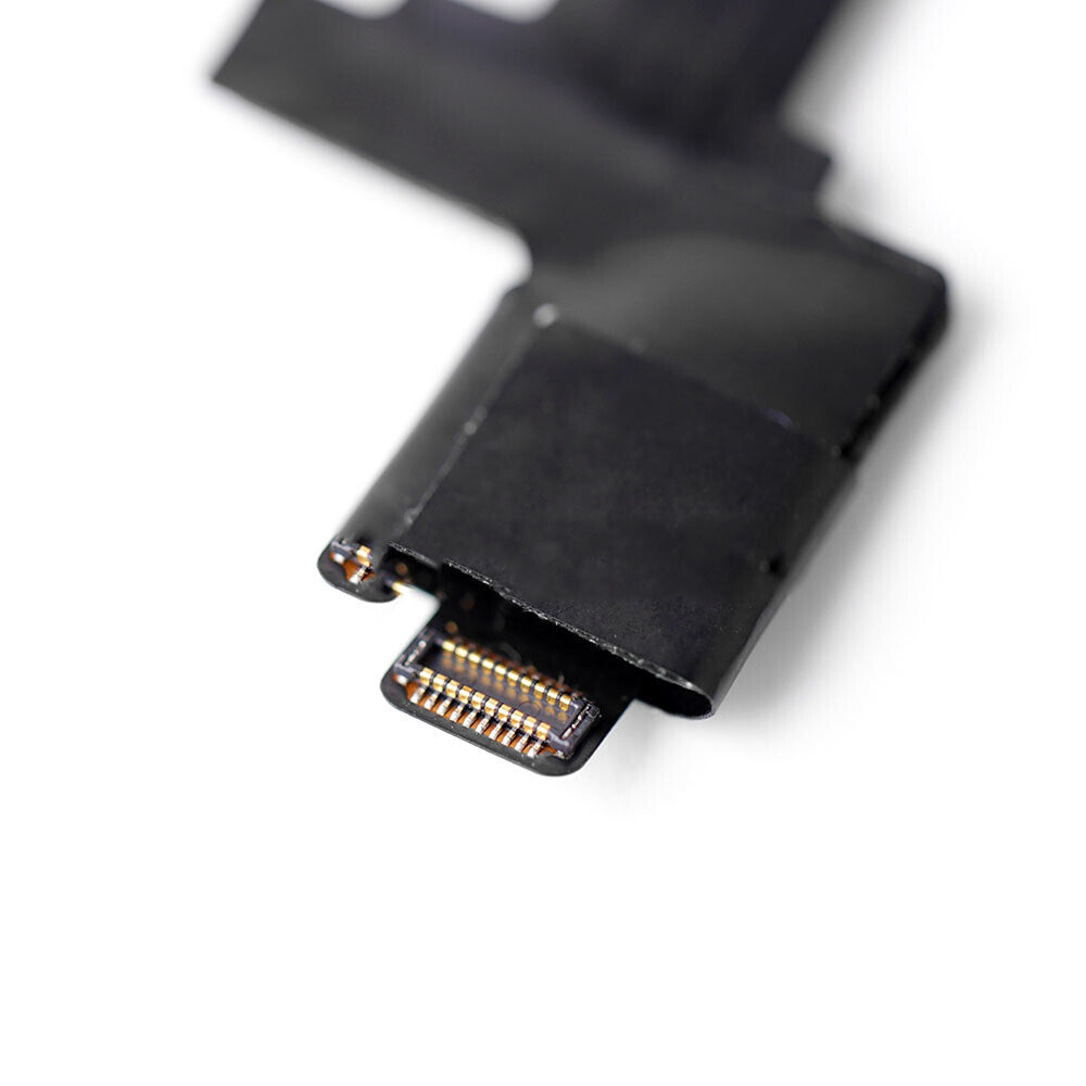 Close-up view of a black electronic connector with visible gold pins on a white background, showcasing the high-quality construction found in Dr.Parts Touch Digitizer Assembly With Tesa Tape For iPad Mini 3 components and premium ITO material assemblies.