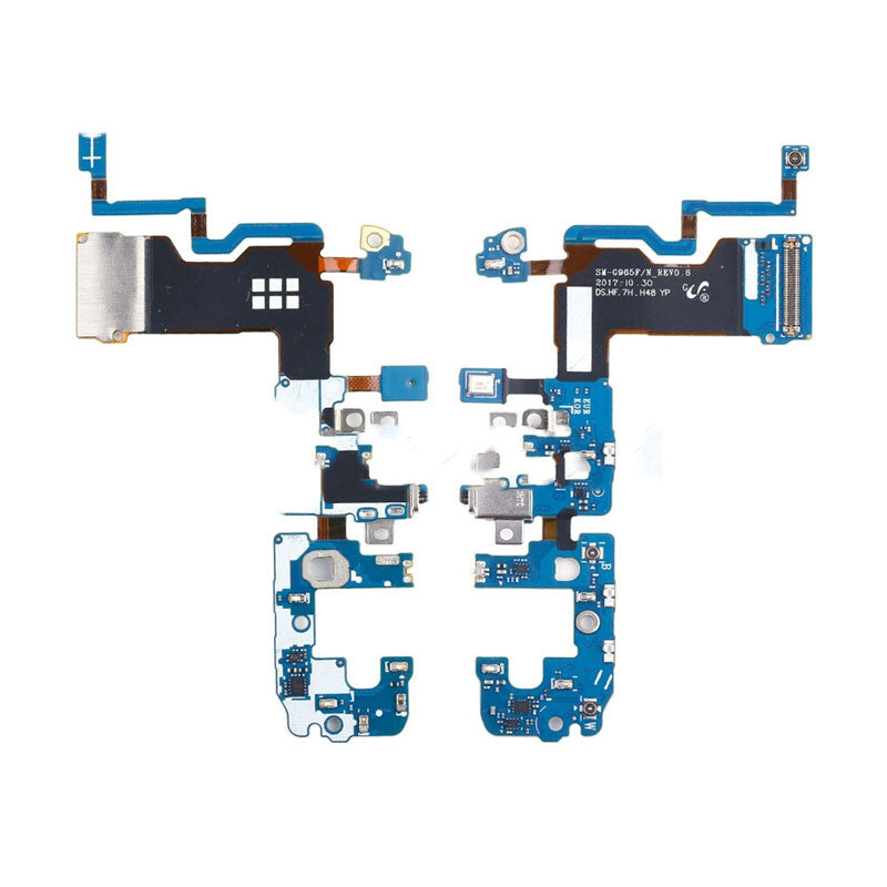 A blue and silver OG Charging Port Flex Cable for the Samsung Galaxy S9 Plus, featuring an array of electronic components and connectors arranged in an intricate pattern, ideal for OEM product replacements.