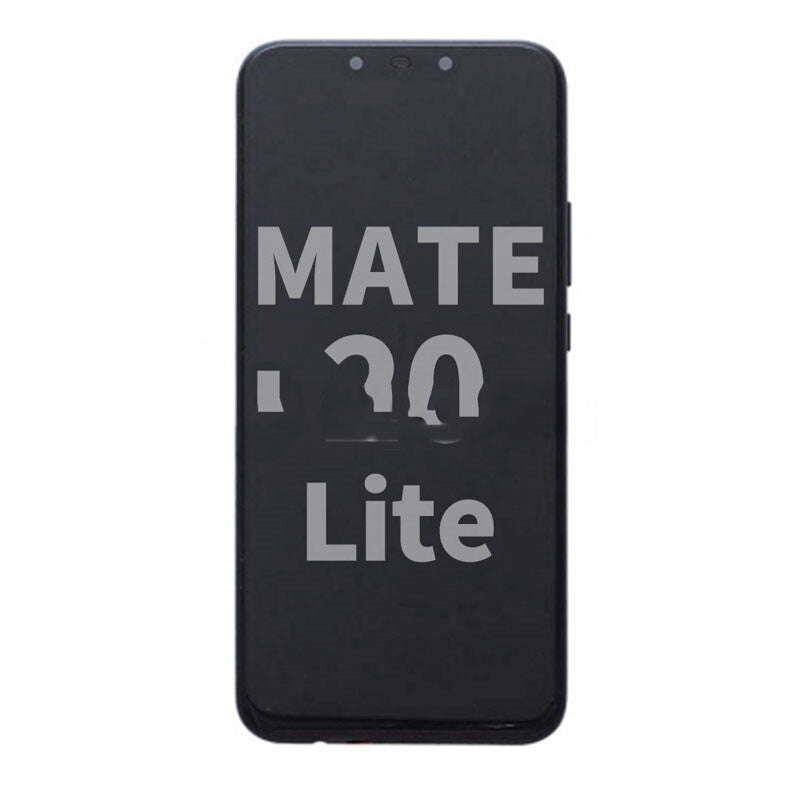 Front view of a smartphone with the words "Display Assembly With Frame For Huawei Mate 20 Lite (Black)" on the screen, showcasing an OG material display assembly.