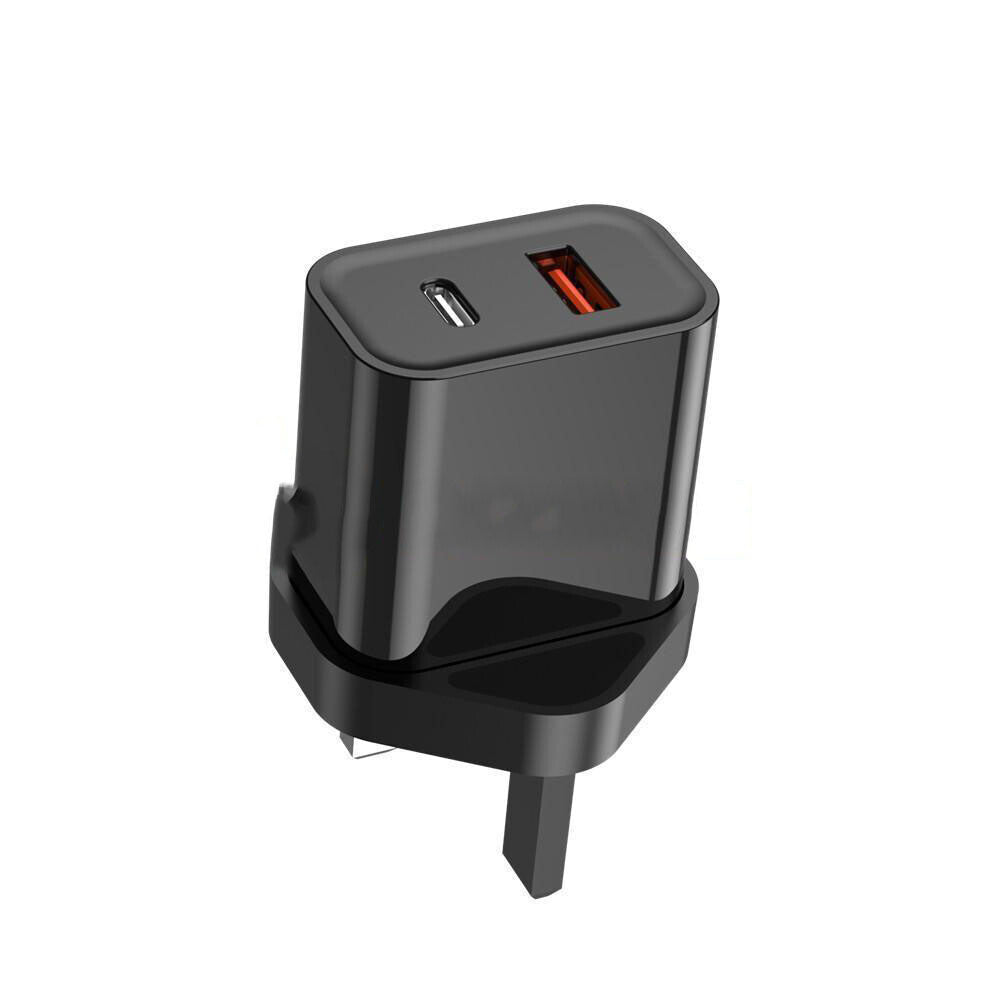 20W Dual Port USB-A+USB-C PD Charger Power Adapter (UK Plug) (Black) (Without Packaging)