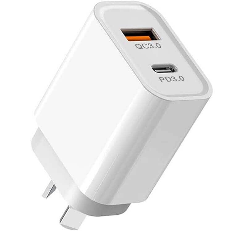 The SupRShield 20W Dual PD & USB-C Fast Wall Charger Adapter features Adaptive Fast Charging, SAA certification, and two ports: a USB-A "QC3.0" and a USB-C "PD3.0," with outlet prongs for easy use.