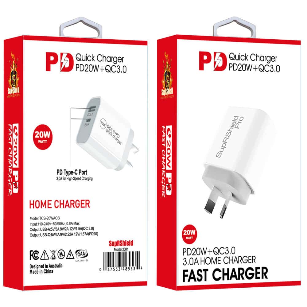 Two boxes of SupRShield 20W Dual PD & USB-C Fast Wall Charger Adapter (SAA Certified) are displayed, highlighting product images, branding, and Adaptive Fast Charging features on the packaging.
