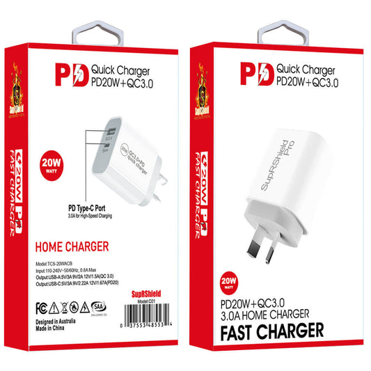 Two packages of the Generic 20W SupRShield Dual PD & USB Type-C Fast Charging Wall Plug Charger Adapter - Store are shown. Each box contains a home charger compatible with Dual PD & USB Type-C ports and QC3.0. Fast charging and device specifications are indicated on the packaging.