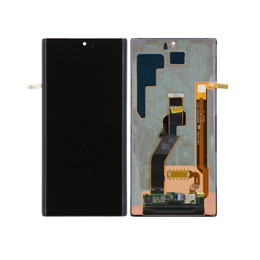 Front and back view of the high-quality OG Display Assembly For Samsung Note 10 Plus 4G/5G (Refurb) in Black, showcasing the screen, connectors, and internal circuitry.