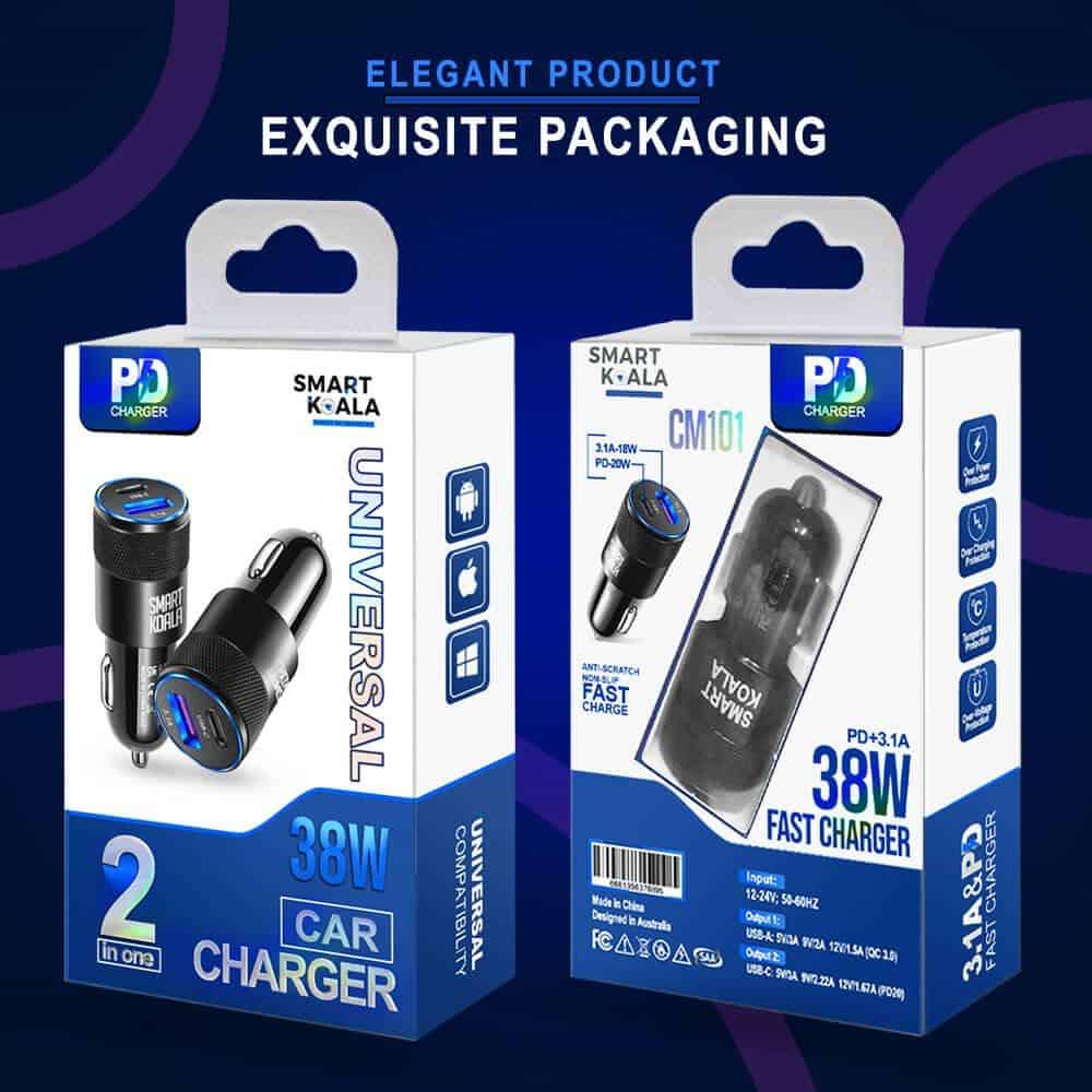 Two packaged SMART KOALA 38W Dual Port PD & 3.1A USB Fast Car Charger Socket Adapters labeled as "Smart Koala 38W" with "Elegant Product, Exquisite Packaging" text at the top. One box shows the Fast Car Charger Adapter, while the other displays it in use.