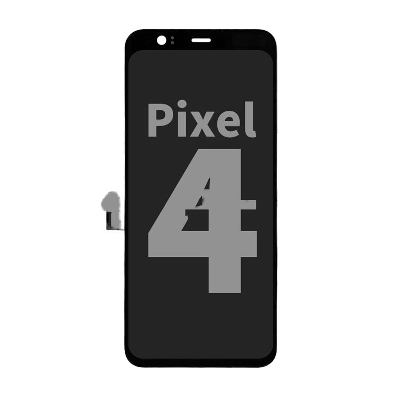 A smartphone screen displaying the text "Pixel 4" features a ribbon cable attached on the left side, showcasing a Display Assembly For Google Pixel 4 (Refurbished) (Black) by OG, indicative of a high-quality refurbished product.