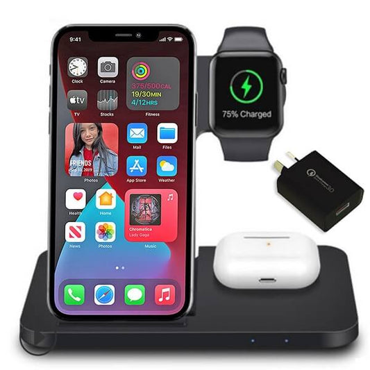 A smartphone, smartwatch, and wireless earbuds are being charged on the Generic 15W Qi 3-in-1 Fast Wireless Charging Stand B381/399 for iPhone, Apple Watch, and AirPods Pro - Store, with an additional wall plug adapter shown nearby.