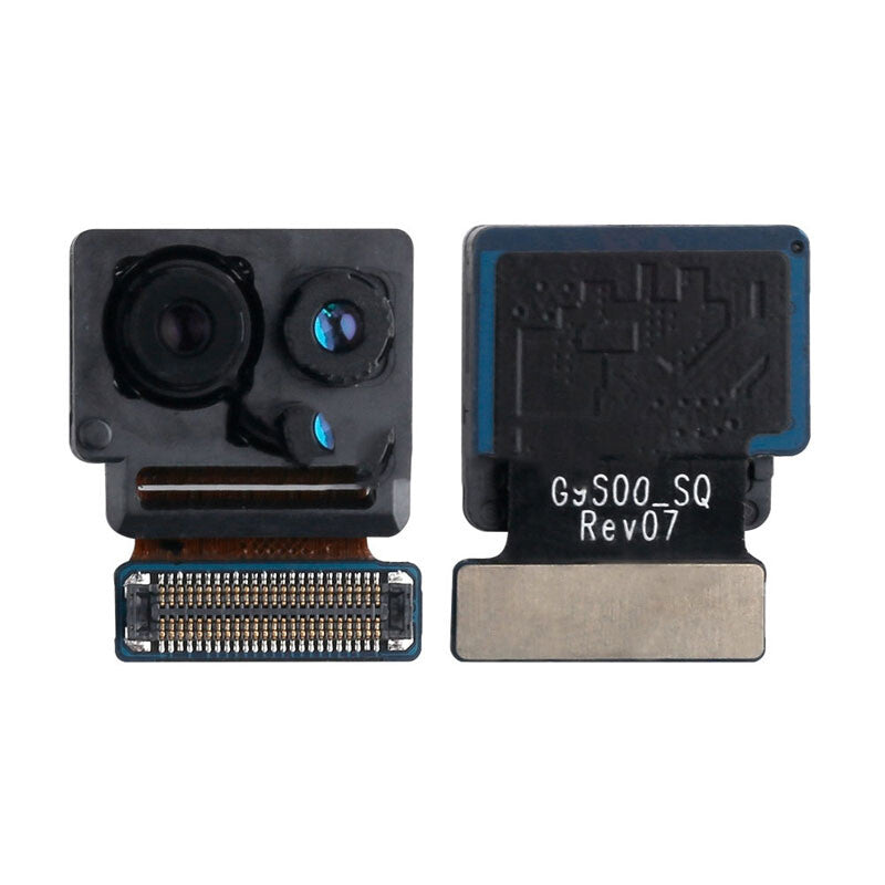 Two small electronic components, likely Samsung Galaxy S8 camera modules, are shown. The module on the left displays lenses and sensors, suggesting an OEM quality front camera for the Samsung Galaxy S8 (G950U) by OG, while the one on the right shows the backside with labeling.