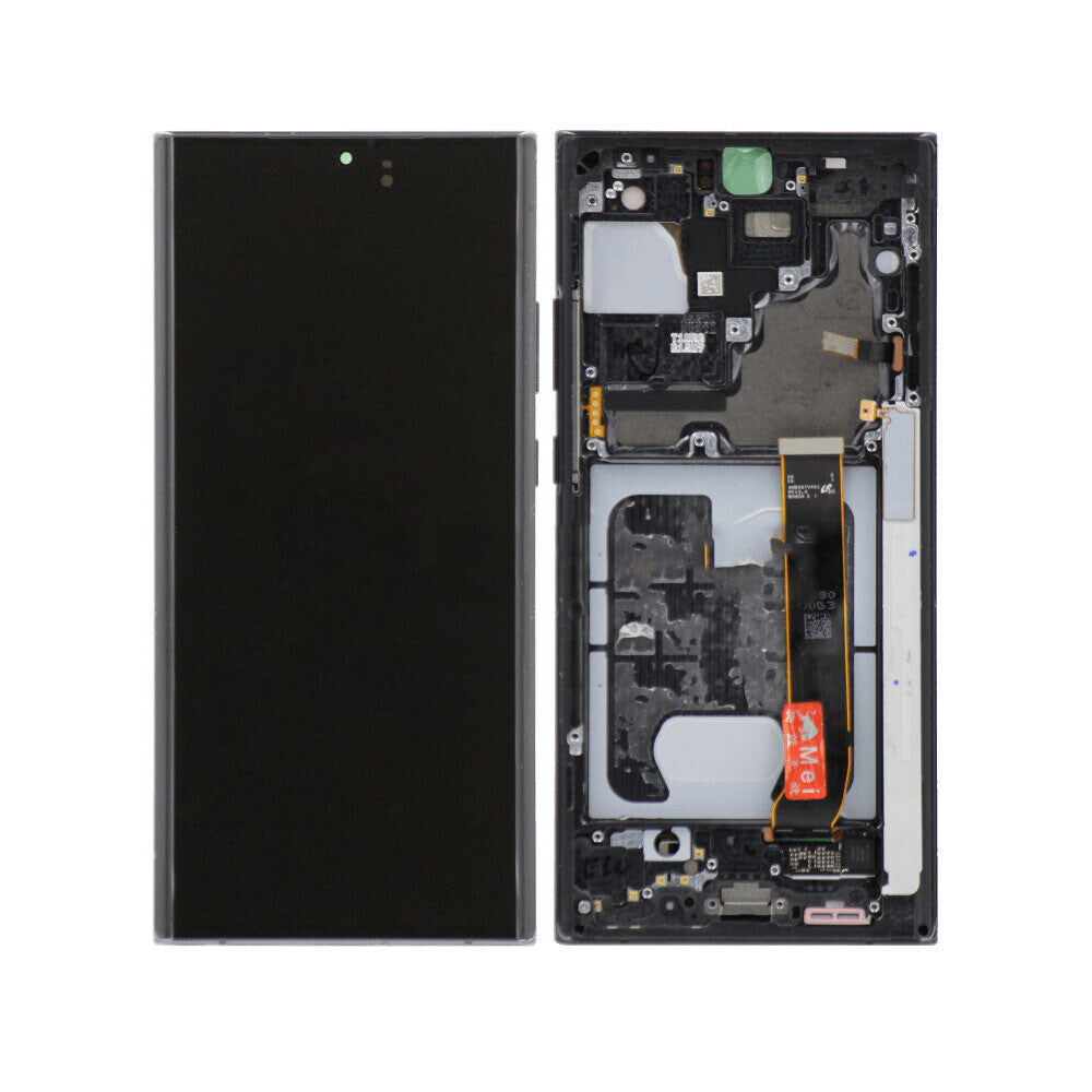 Disassembled OG Display Assembly With Frame for Samsung Note 20 Ultra 4G/5G (Refurbished) showing the Mystic Black display and internal components including the motherboard, connectors, and battery compartment.