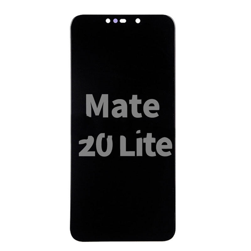 Front view of a black smartphone screen with "Display Assembly With Frame For Huawei Mate 20 Lite (Blue)" written on it, showcasing the OG material display assembly.