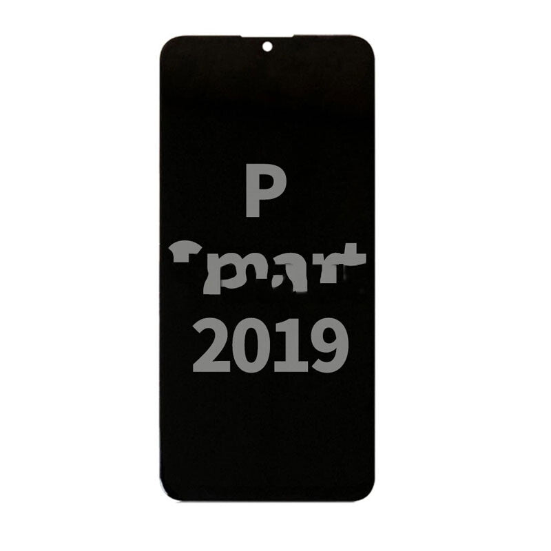 Black smartphone screen with the text "Display Assembly for Huawei P Smart 2019 (Refurbished)" displayed in large letters, featuring an OG display and touch assembly.