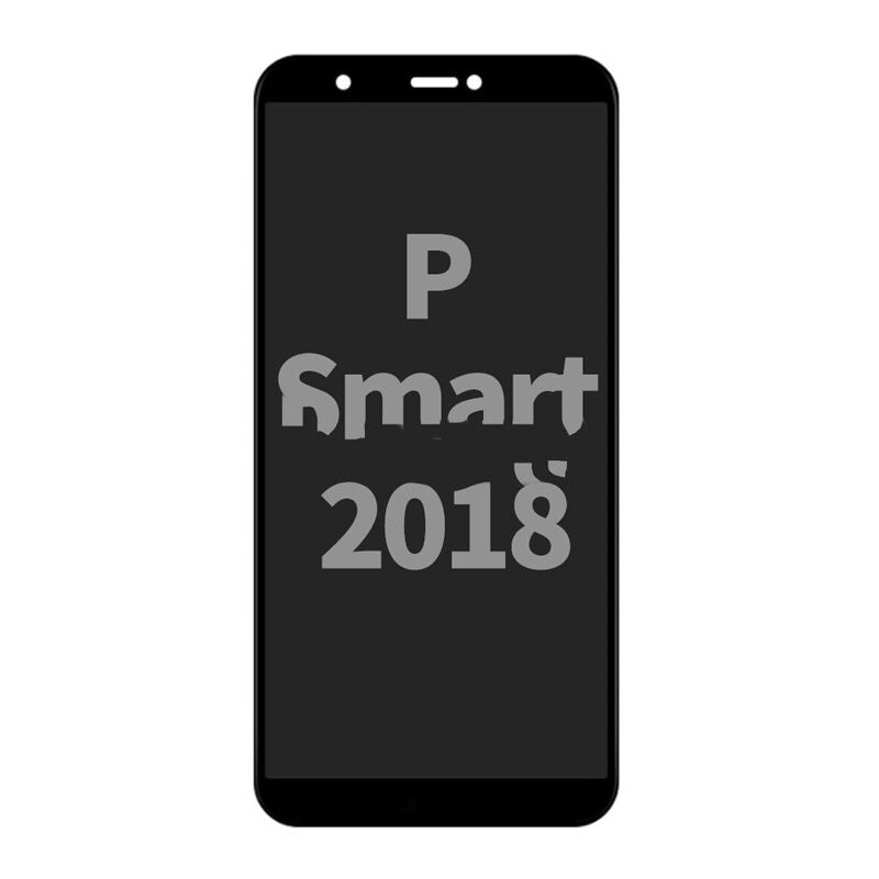 A graphic rendering of a smartphone with "Display Assembly With Frame For Huawei P Smart 2018 (OEM Material) (Black) by OG" displayed on the screen against a black background.