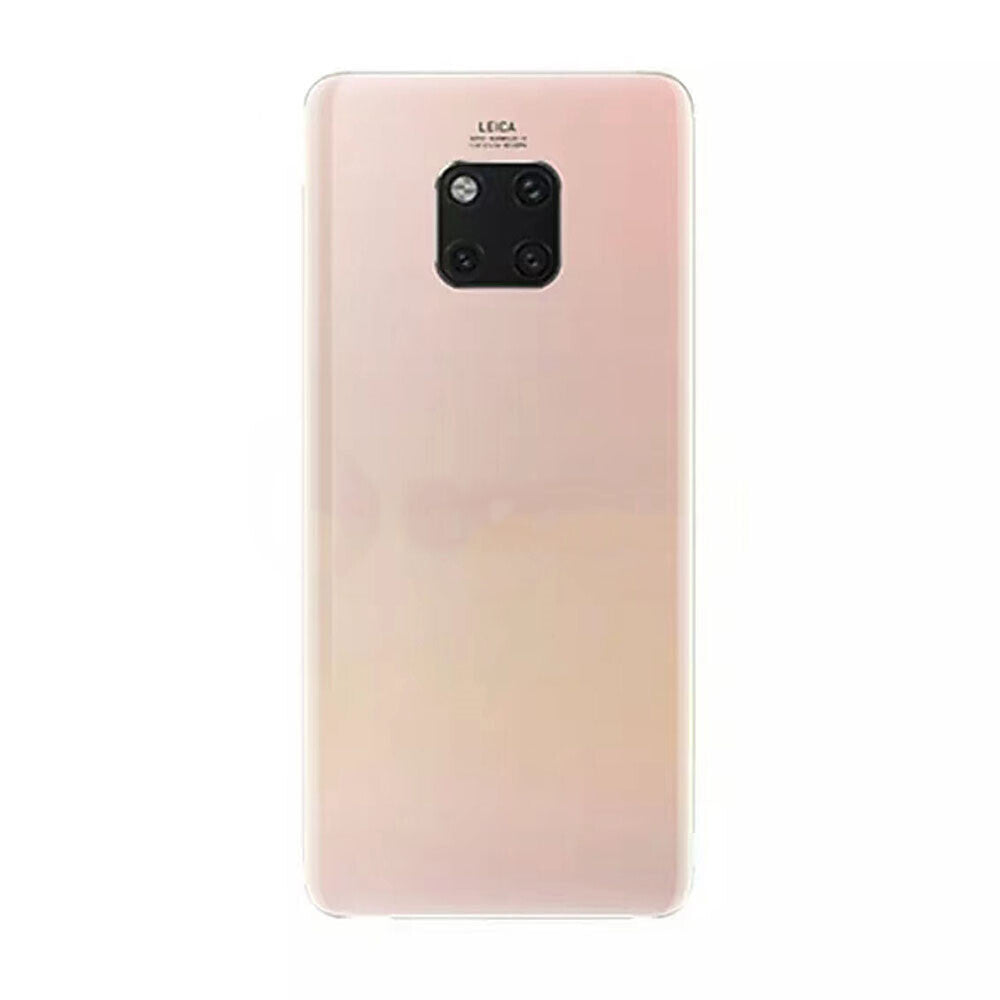 Rear view of a white Huawei Mate 20 Pro with a camera module containing four lenses and "LEICA" branding at the top center. The phone, featuring a Dr.Parts Back Cover Replacement for Huawei Mate 20 Pro (Pink), has a minimalist design and a smooth, glossy finish.