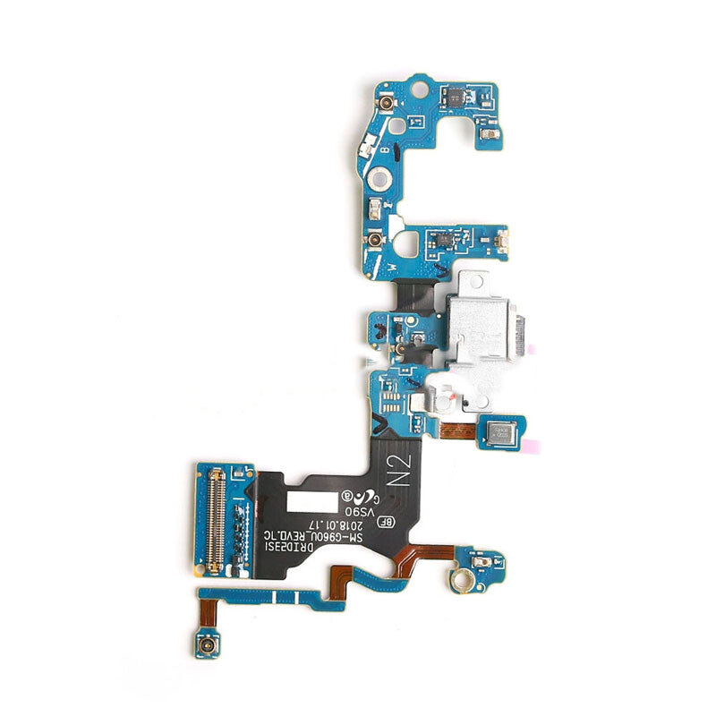 A Charging Port Flex Cable For Samsung Galaxy S9 (G960U) by OG, featuring a blue circuit board with various electronic components such as a USB port and connectors, set against a plain white background—ideal for flex cable replacement or upgrading to OEM quality for your Samsung Galaxy S9 charging port needs.