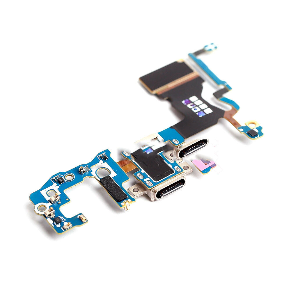 Close-up view of an OG Charging Port Flex Cable For Samsung Galaxy S9 (G960U) alongside an OEM quality small electronic circuit board with connectors and components, isolated on a white background.