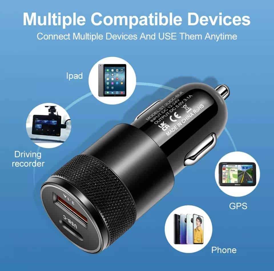 A black SMART KOALA 38W Dual Port PD & 3.1A USB Fast Car Charger Socket Adapter, compatible with various devices including iPad, driving recorder, GPS, and phone, is shown against a blue background with images of the devices. Featuring dual port PD for fast charging.