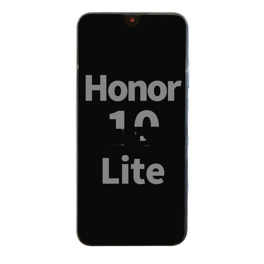 Front view of a black Display Assembly With Frame For Huawei Honor 10 lite (Midnight Black) from OG with the screen displaying the text "Honor 10 Lite" in large white letters, showcasing its high-quality display assembly.