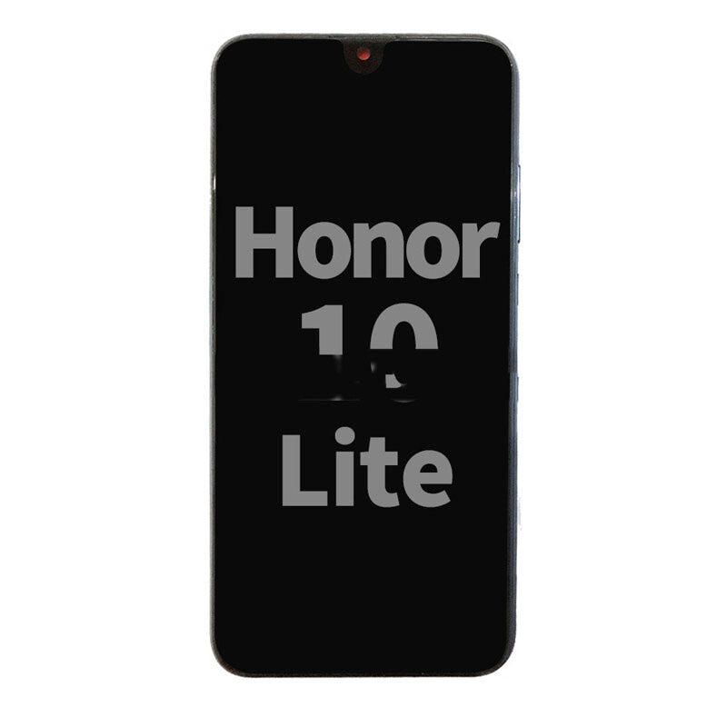 A smartphone with a black screen displaying "Huawei Honor 10 Lite" in large grey text. This replacement part, the OG Display Assembly With Frame For Huawei Honor 10 lite (Midnight Black), features a complete display assembly for seamless performance.