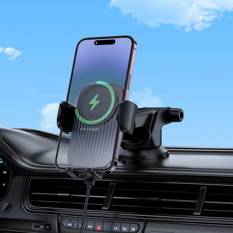 A Borofone BH222 Leading Qi Wireless Fast Charging Car Mount by Borofone is attached to a car dashboard, holding a smartphone that displays a charging symbol while functioning as a wireless fast charger.