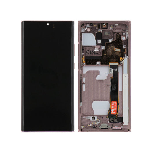 A refurbished OG Display Assembly With Frame for Samsung Note 20 Ultra 4G/5G (N985/N986) in Mystic Bronze showcases the front screen next to its internal components, highlighting the intricate design of the assembly.