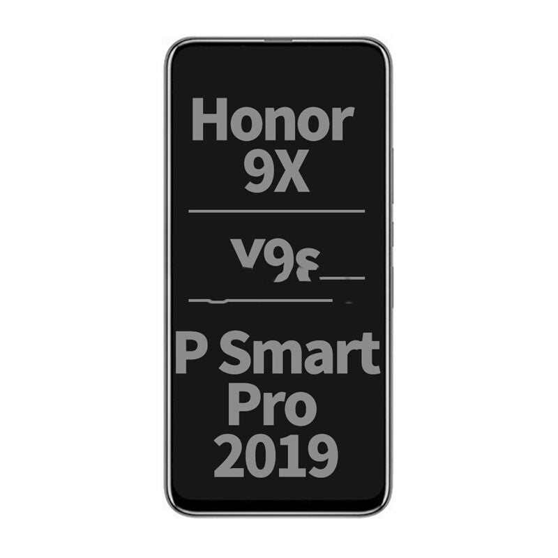 The image shows a smartphone screen with text that reads "Honor 9X," "v9z—," and "P Smart Pro 2019" in large, bold letters, showcasing the OG Display Assembly With Frame For Huawei Honor 9X/Y9s/P Smart Pro 2019 (Black).