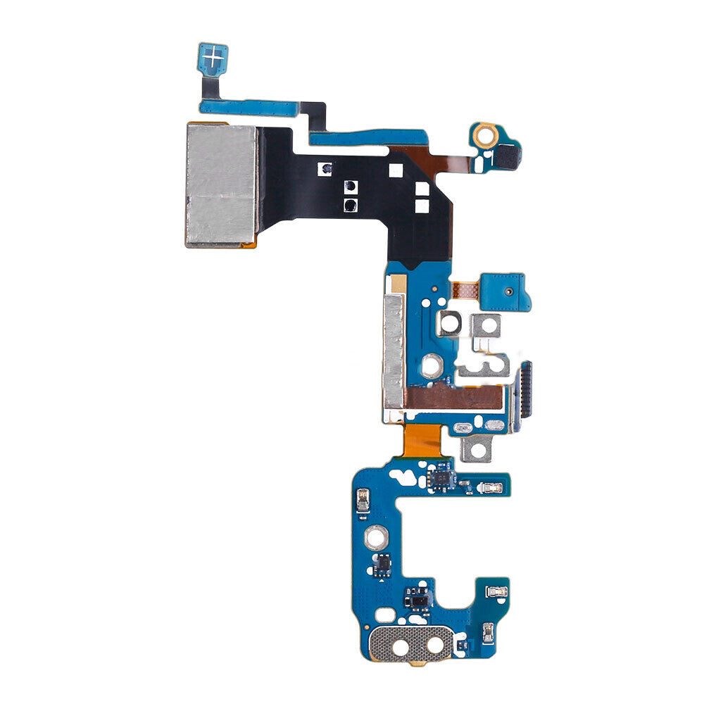 Close-up of a smartphone motherboard showcasing various electronic components in blue and black, highlighting an OEM part from the OG Charging Port Flex Cable for Samsung Galaxy S8 G950U.