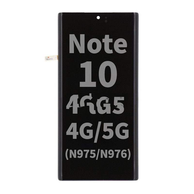 A black smartphone screen displaying white text that reads "Note 10 4G/5G (N975/N976)" showcases the OG Display Assembly For Samsung Note 10 Plus 4G/5G in refurbished condition.