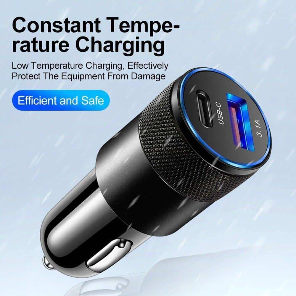 A black Smart Koala 38W Dual Port PD & 3.1A USB Fast Car Charger Socket Adapter with blue accents is displayed. Featuring both USB-C and USB-A ports, it highlights its constant temperature charging, promoting efficiency and safety with Dual Port PD technology.