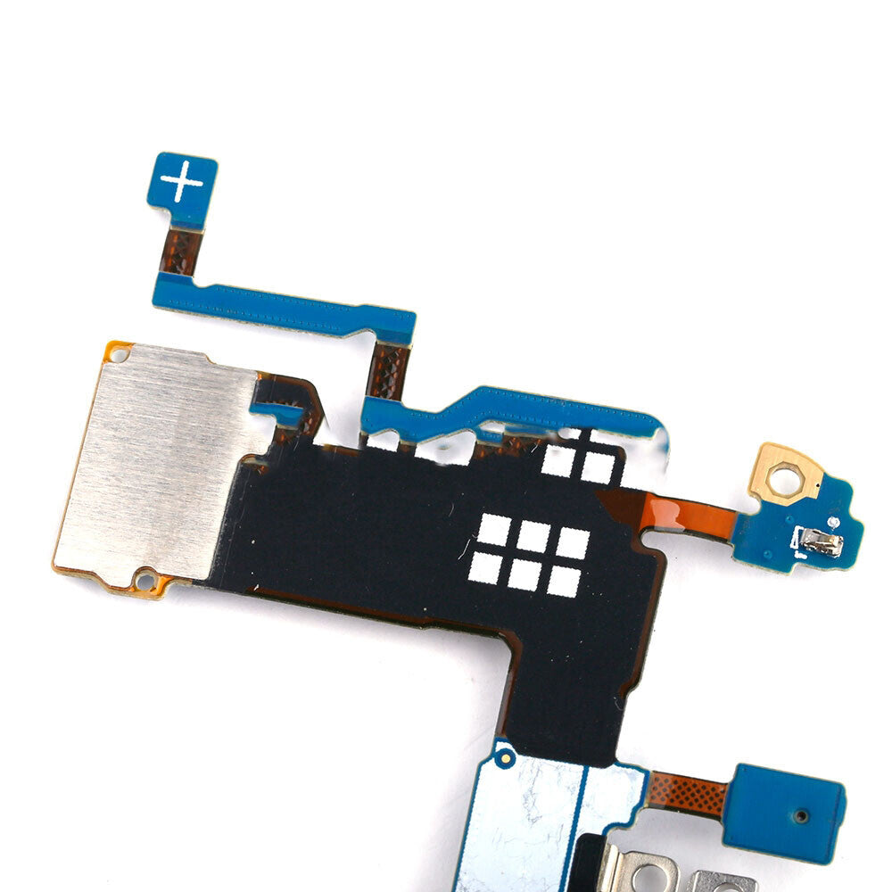 Close-up of a Samsung Galaxy S9 Plus's internal circuit board highlighting various connectors, components, and pathways, including the OG Charging Port Flex Cable for Samsung Galaxy S9 Plus.