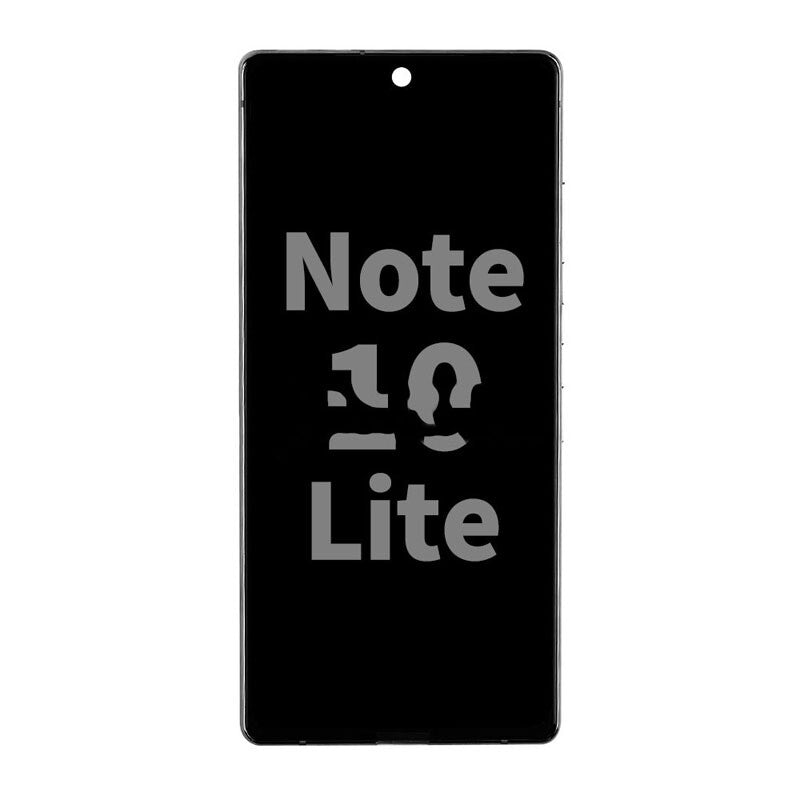 A smartphone with the text "Display Assembly For Samsung Note 10 Lite (N770) (Refurbished) (Black)" shown on its screen. The device features an OG brand OEM display with a punch-hole front camera at the top center of the screen.