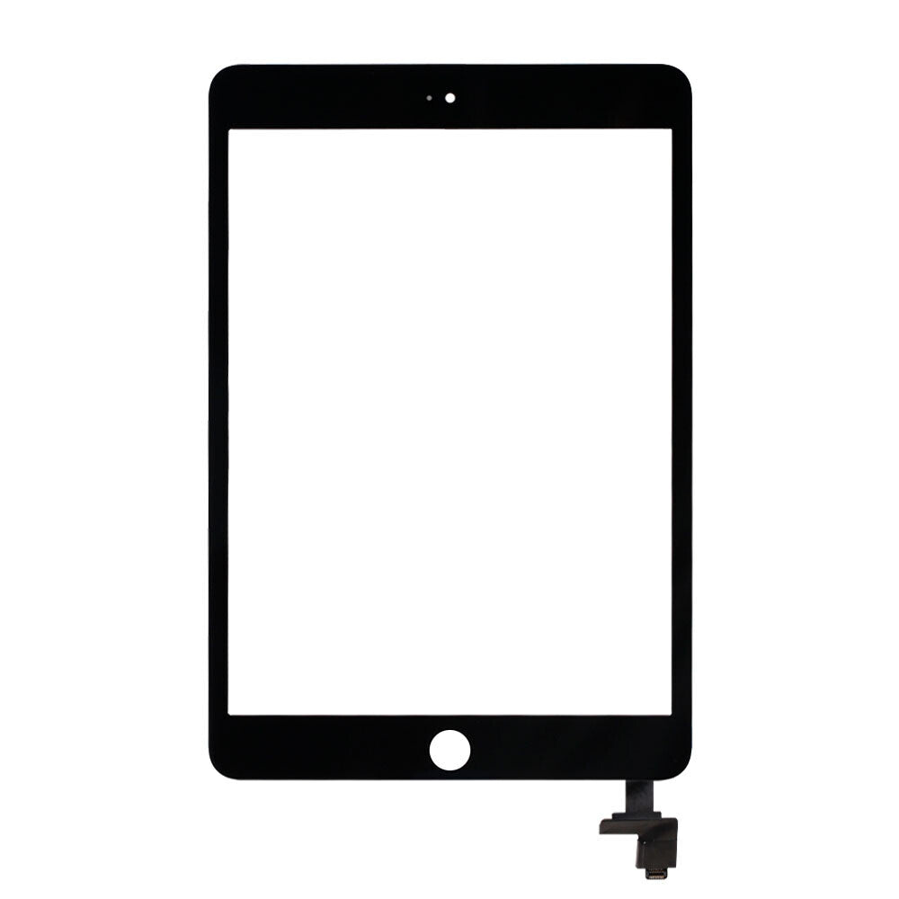 Black Touch Digitizer Assembly for iPad Mini 3 featuring a round button cutout at the bottom and crafted with premium ITO material, complete with an attached connector cable is a Touch Digitizer Assembly With Tesa Tape For iPad Mini 3 by Dr.Parts.