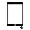 Black Touch Digitizer Assembly for iPad Mini 3 featuring a round button cutout at the bottom and crafted with premium ITO material, complete with an attached connector cable is a Touch Digitizer Assembly With Tesa Tape For iPad Mini 3 by Dr.Parts.