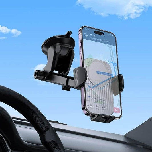 The Borofone BH222 Leading Qi Wireless Fast Charging Car Mount by Borofone securely holds your smartphone on the dashboard, offering fast wireless charging and convenient navigation use while driving.