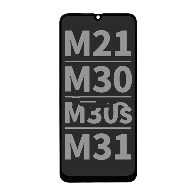 A black VOK OLED screen displays the text "M21," "M30," "M30s," and "M31" in large, gray letters arranged in four horizontal sections, indicating a replacement display for Samsung M21/M30/M30s/M31 models.