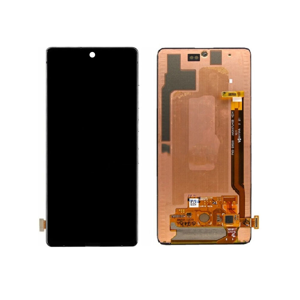 Front and back view of the OG Display Assembly for Samsung Note 10 Lite (N770) (Refurbished) in Black, showing the screen on the left and the internal components on the right. Perfect for touch screen replacement.