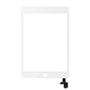 A white tablet digitizer screen featuring a home button and flex cable attached at the bottom right corner, shown on a plain white background. This Dr.Parts Touch Digitizer Assembly With Tesa Tape For iPad Mini 3 is crafted with premium ITO material for enhanced performance.
