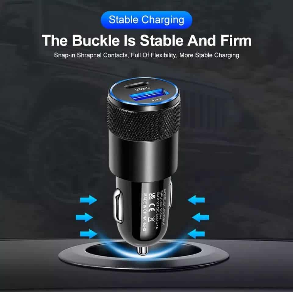 A sleek black SMART KOALA 38W Dual Port PD & 3.1A USB Fast Car Charger Socket Adapter from Smart Koala is inserted into a car's charging port, with text highlighting its stable and firm buckle, snap-in shrapnel contacts, and flexible design for more stable charging.