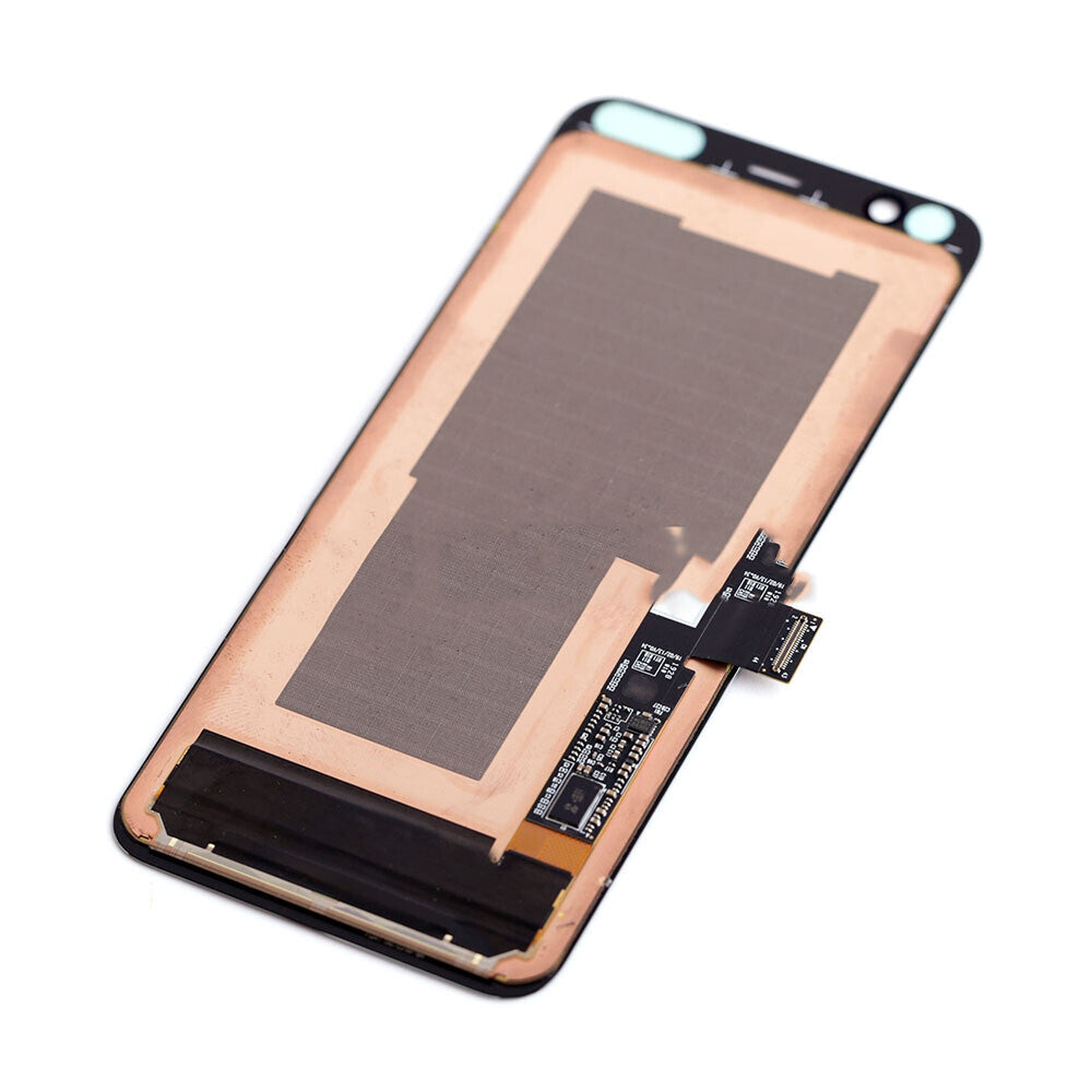 Image of a Display Assembly For Google Pixel 4 (Refurbished) (Black) by OG showcasing electronic circuits, a flat connector ribbon cable, and the touch assembly.