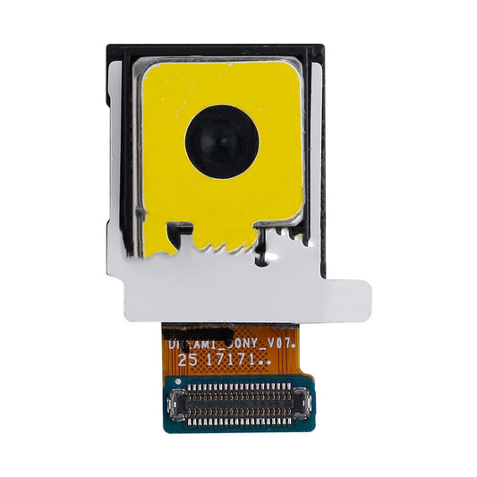 Close-up image of an OG Rear Camera Replacement for Samsung Galaxy S8 and S8 Plus with a yellow protective cover, attached to a flex cable with visible connectors and printed text.