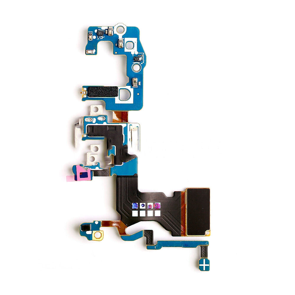 A close-up view of a Samsung Galaxy S9 (G960U) smartphone's internal circuit board featuring OEM-quality components, including the OG Charging Port Flex Cable, against a white background.