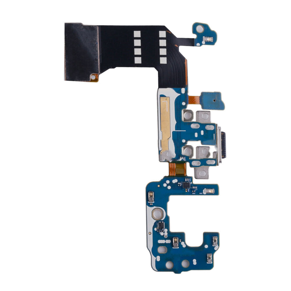 Close-up of an electronic circuit board with various components, including connectors, resistors, and microchips, alongside an OG Charging Port Flex Cable for the Samsung Galaxy S8 (G950F), all on a flat surface.