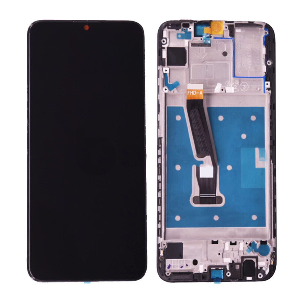 A disassembled OG Display Assembly With Frame For Huawei P Smart 2019 (Refurbished) (Black) shows the front display on the left and the internal components on the right.