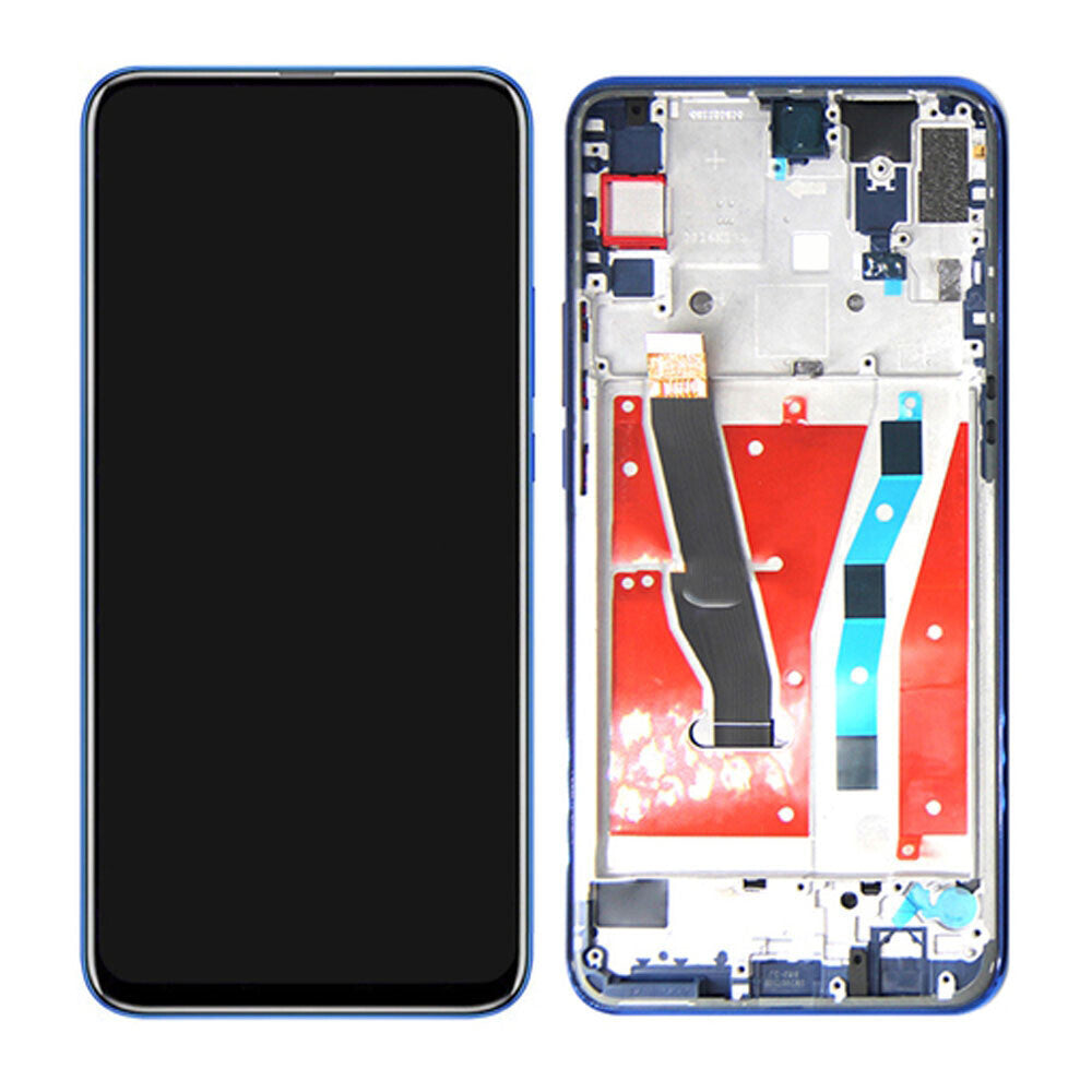 A smartphone disassembled with the Display Assembly With Frame For Huawei Honor 9X/Y9s/P Smart Pro 2019 (Blue) by OG on the left and internal components on the right, revealing the circuit board, battery compartment, and various connectors.