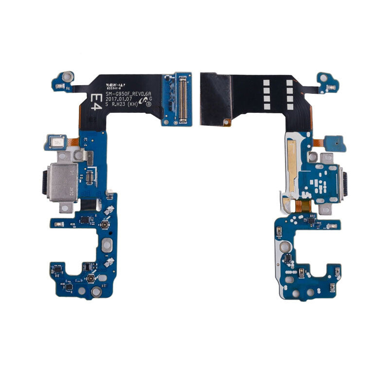 A blue smartphone circuit board with various electronic components and connectors, featuring an OG Charging Port Flex Cable for Samsung Galaxy S8 (G950F).