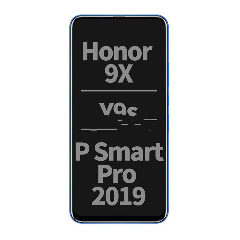 A smartphone screen showcases overlapping, partially obscured text: "Honor 9X vs P Smart Pro 2019." The black background with white text emphasizes a comparison between the OG Display Assembly With Frame For Huawei Honor 9X/Y9s/P Smart Pro 2019 (Blue) and the P Smart Pro 2019 replacement screen.