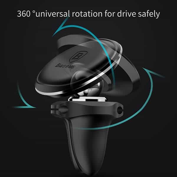 The Baseus Magnetic 360° Rotation Car Phone Holder with Air Vent Mount and Cable Clip by BASEUS offers secure and flexible phone placement while driving, featuring a 360° universal rotation mechanism.