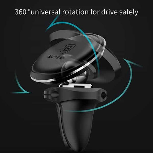 The BASEUS Baseus Magnetic 360° Car Phone Holder features universal rotation, air vent mount, and cable clip—ideal for safe, adjustable in-car phone use. Arrows highlight the rotating design for easy viewing on the go.